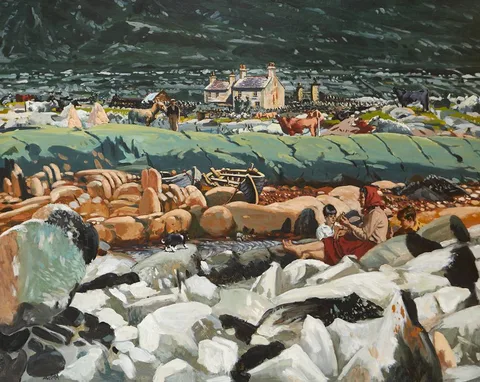 THE ARTIST'S WIFE AND FAMILY WITH DOG AT ERRISBEG, COUNTY GALWAY by Maurice MacGonigal, 1952, oil on canvas, offered Dec 2019