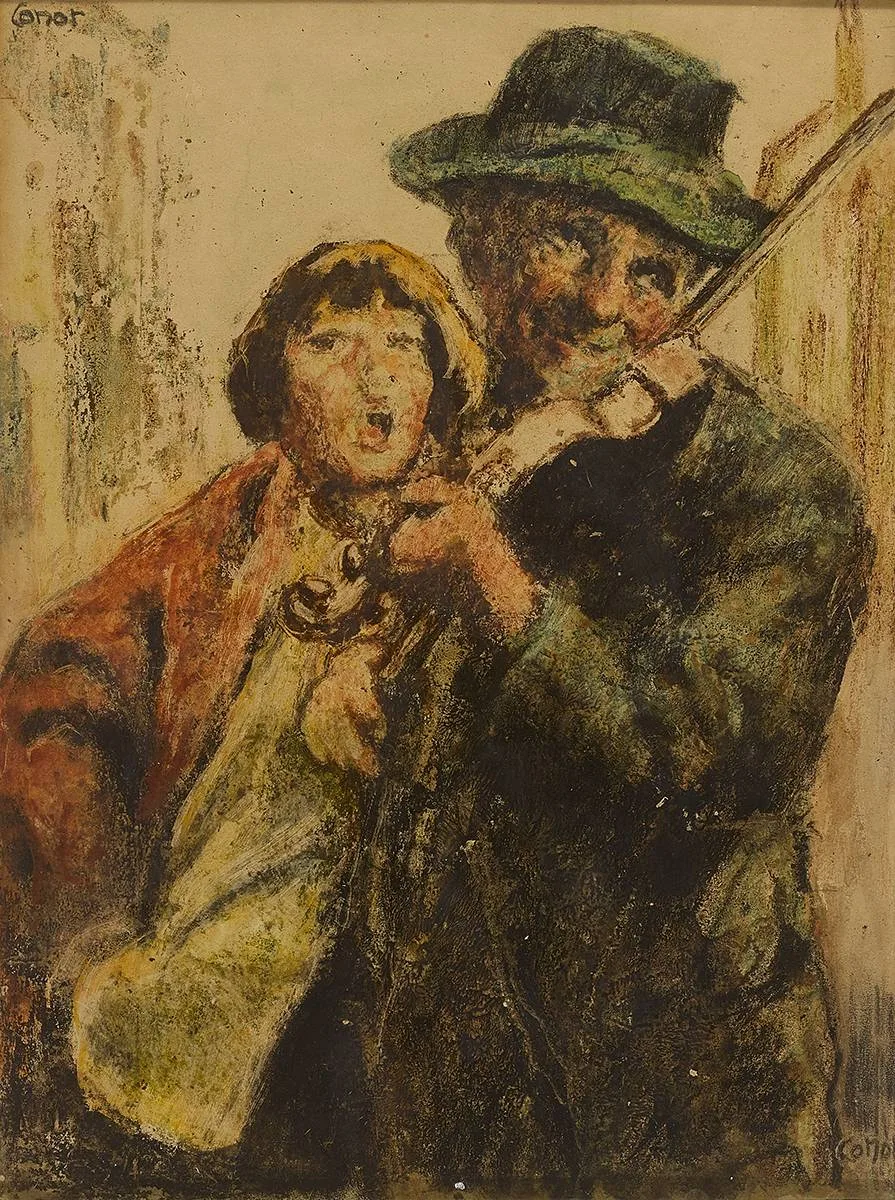 SINGING A TUNE by William Conor, oil pastel and crayon on paper, sold Dec 2019