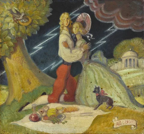 COUPLE IN ARCADIAN SETTING by Lady Beatrice Glenavy, 1935, oil on board, sold Dec 2019