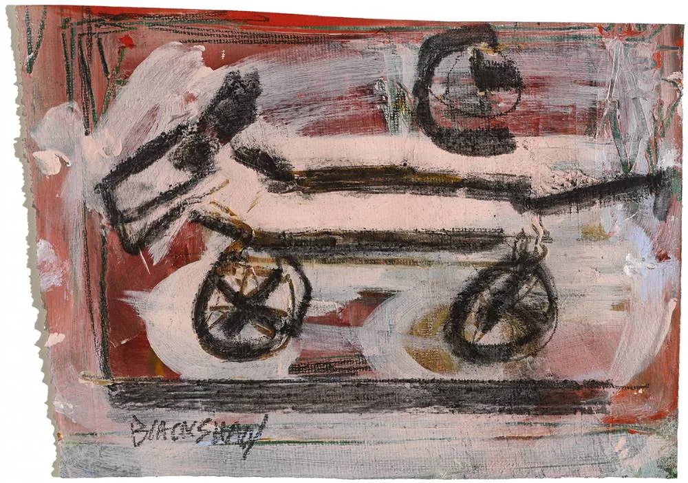 TOY DOG ON WHEELS by Basil Blackshaw, acrylic, charcoal and pencil on canvas, sold Dec 2019