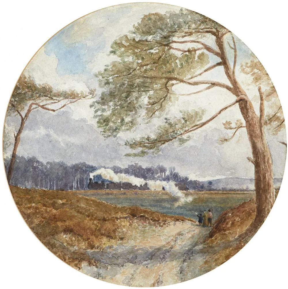 A DISTANT TRAIN by James Mahony, 1846, watercolour; (circular), offered Dec 2019