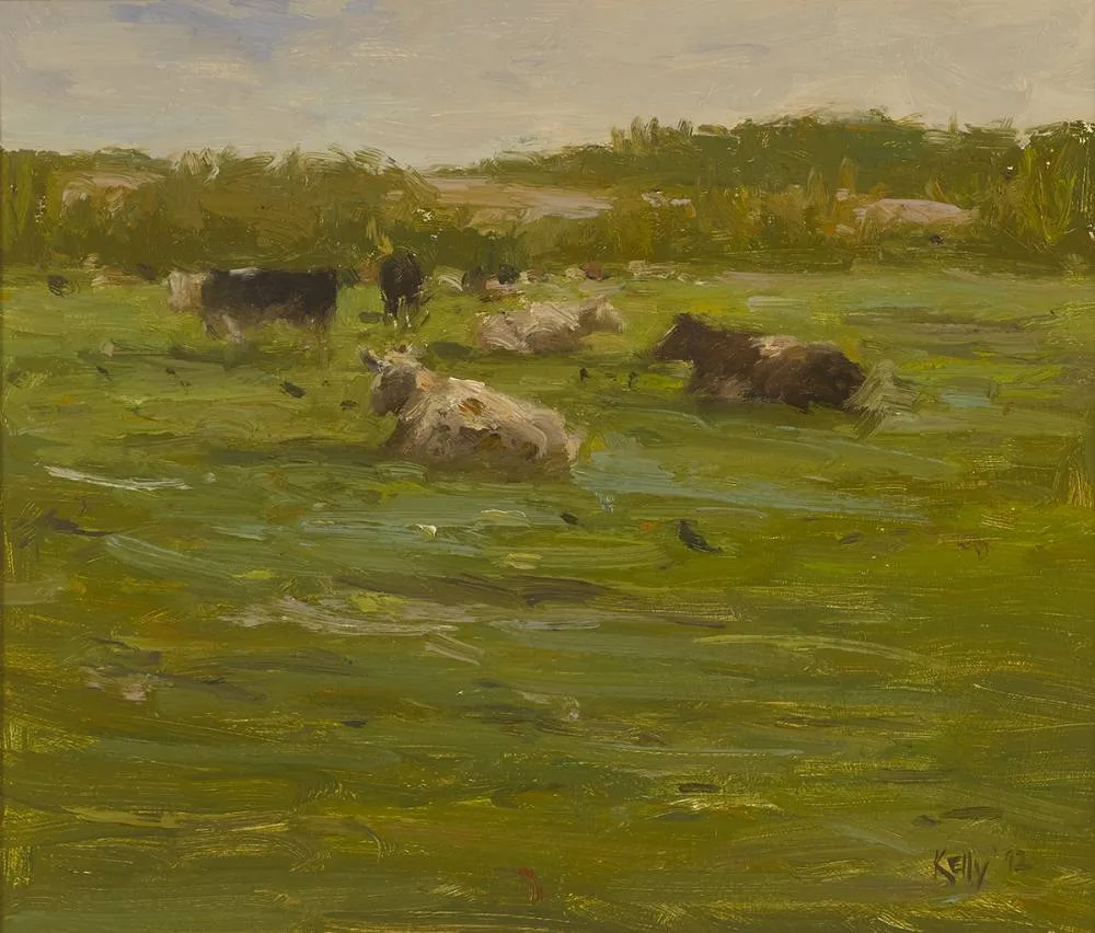 COWS RESTING by Paul Kelly, 1992, oil on board, sold Dec 2019