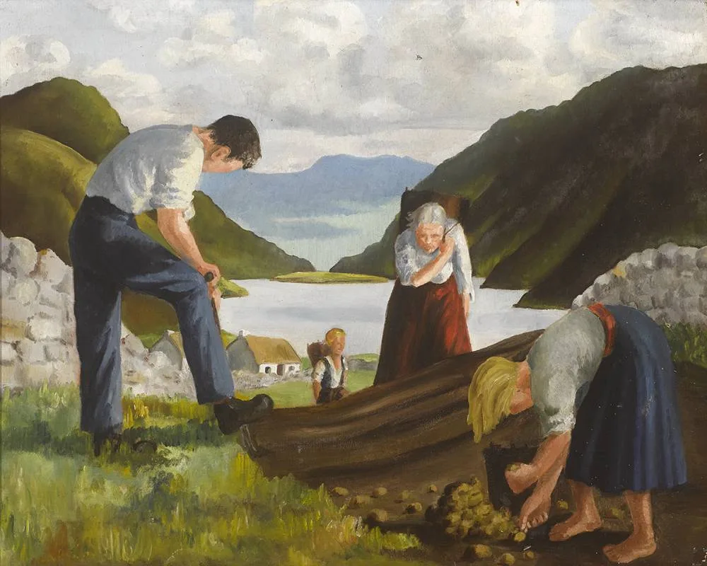 DRILLING POTATOES by Barbara Warren, oil on canvas, offered Dec 2019
