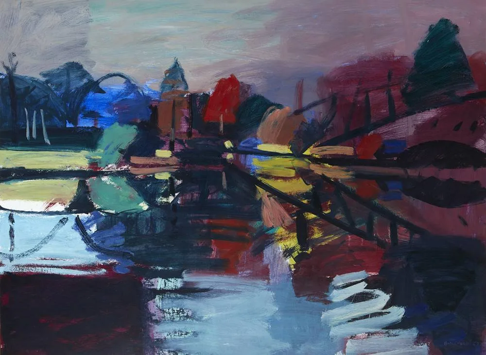 RED TREE by Brian Ballard, 1989, oil on board, sold Dec 2019