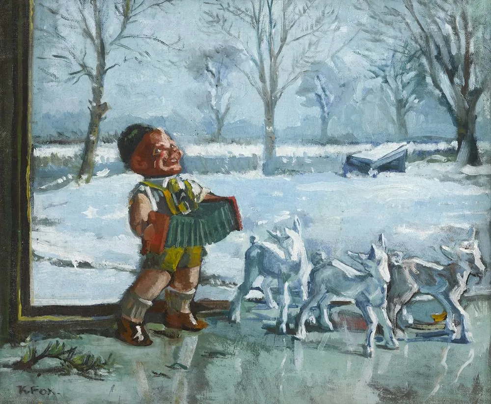 VIEW FROM A WINDOW, WINTER SCENE by Kathleen Fox, oil on canvas, sold Dec 2019