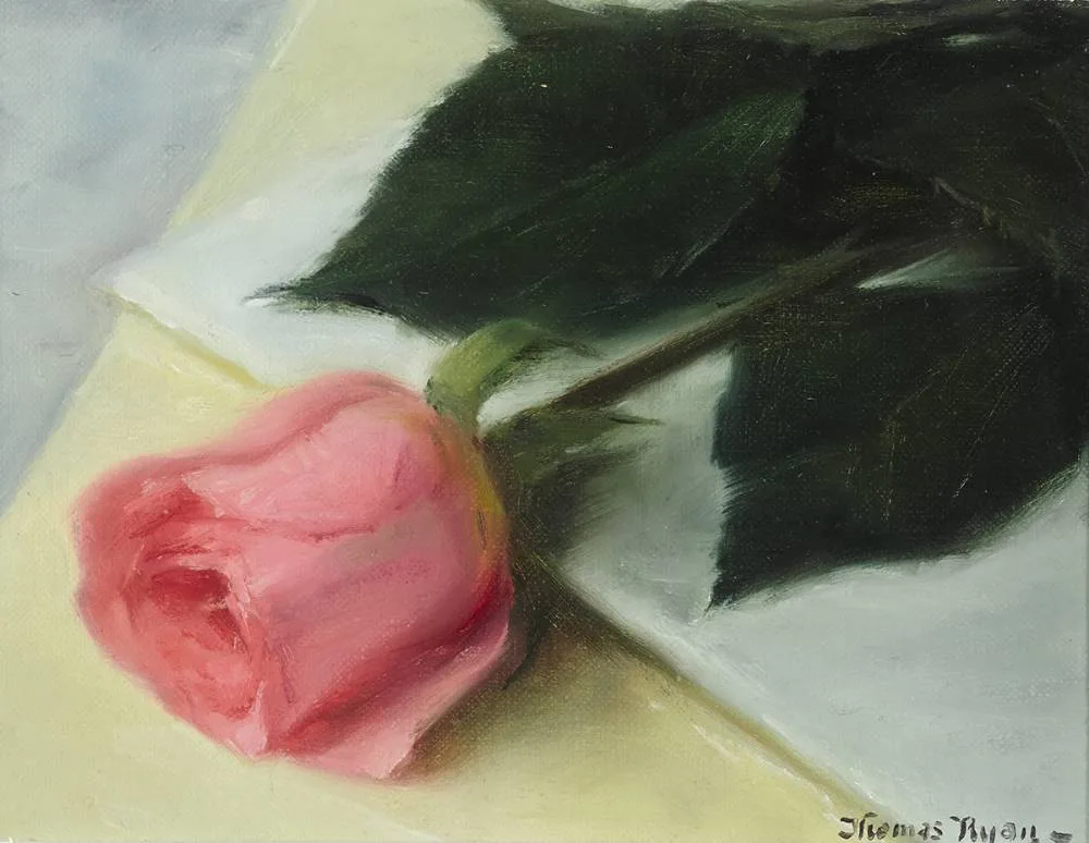 PINK ROSE by Thomas Ryan, 1984, oil on board, sold Dec 2019
