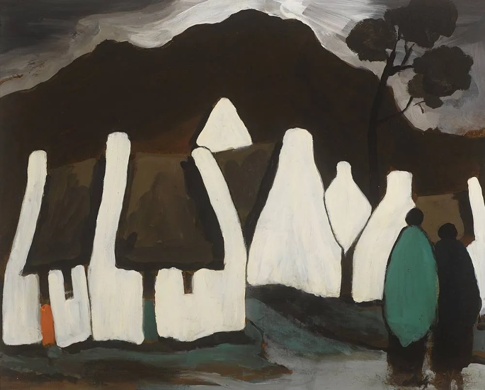 TWO FIGURES AND COTTAGES by Markey Robinson, oil on board, sold Dec 2019