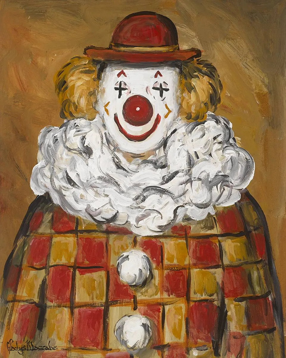 SMILING CLOWN by Gladys Maccabe, oil on board, offered Dec 2019
