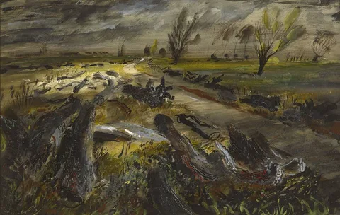 John Piper, LOGS ON A FEN ROAD, watercolour and gouache