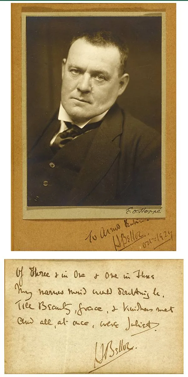Hilaire Belloc, AUTOGRAPH, PHOTOGRAPH AND SIGNED NOTE, 1924, photograph mounted on card, manuscript verse on paper signed and dated [Oct. 1924]