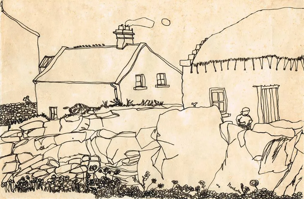Nick Nicholls, LIAM O'FLAHERTY'S ARAN COTTAGE, INISMORE ARAN ISLANDS, 1944, ink