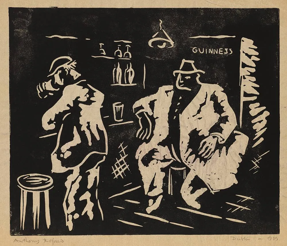 Anthony Redford, BAR SCENE, DUBLIN,1939 and NUDE, 1939 (A PAIR), monochrome woodblock; (2)