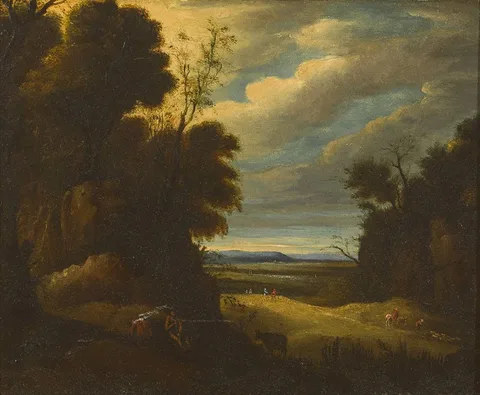 A WOODED LANDSCAPE WITH FIGURES AND ANIMALS by Cornelis van Poelenburgh, oil on board, sold Nov 2019