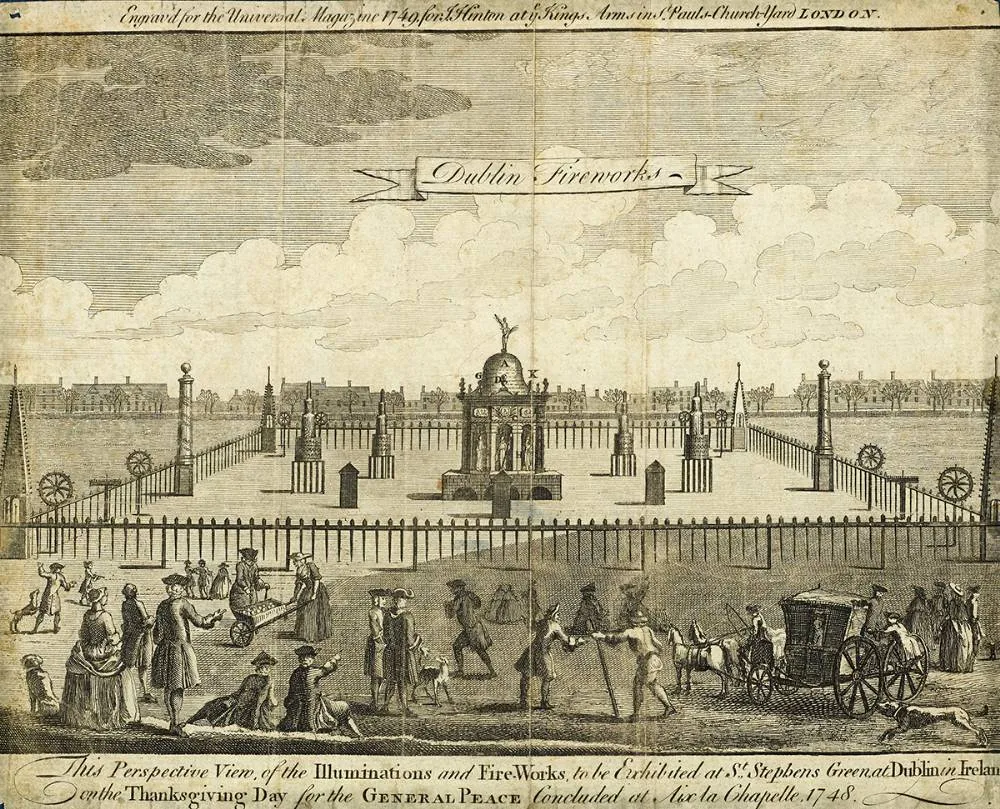 Peter Mazell and Anonymous, A SECTION OF THE HOUSE OF LORDS, DUBLIN and DUBLIN FIREWORKS, 1748 (A PAIR), engravings; (2)