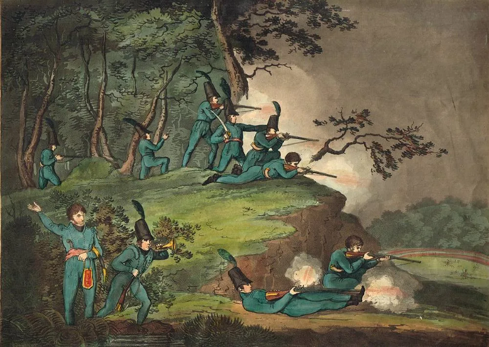 SHARP SHOOTERS IN AMBUSH by Thomas Rowlandson, hand-coloured etching, sold Nov 2019