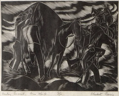 Elizabeth Rivers, HAULING SEAWEED, ARAN ISLANDS, handcoloured woodblock print; (no. 5 from an edition of 50)