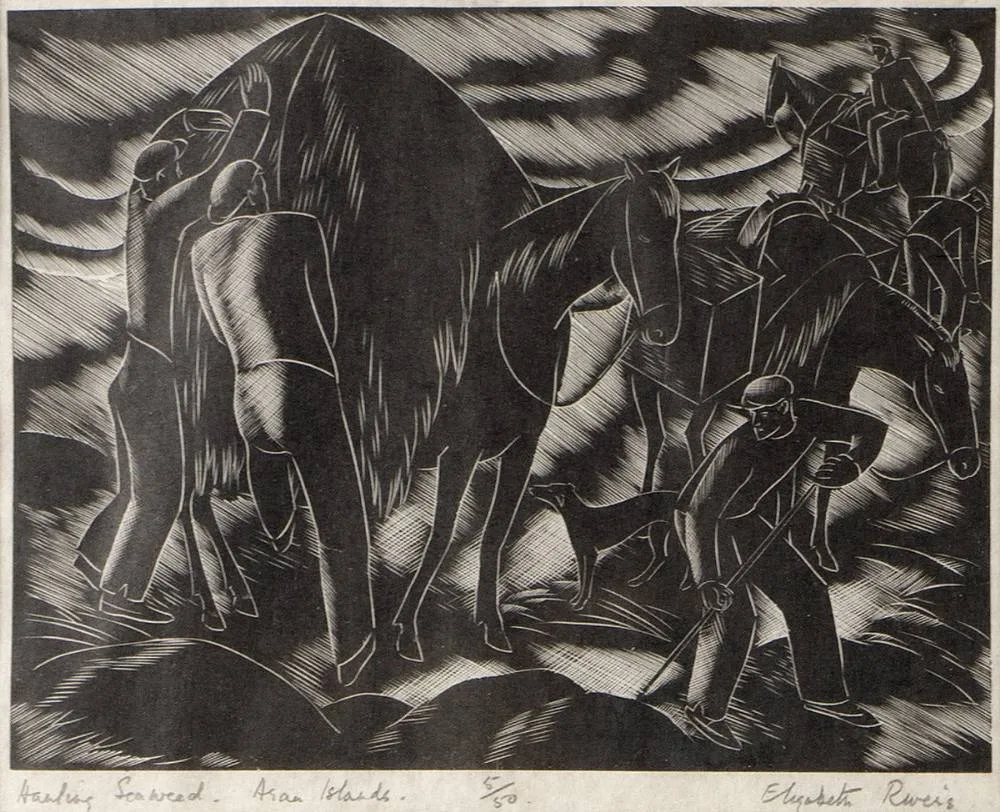 Elizabeth Rivers, HAULING SEAWEED, ARAN ISLANDS, handcoloured woodblock print; (no. 5 from an edition of 50)