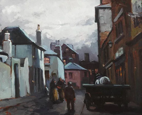 MOONLIT STREET SCENE by Lilian Lucy Davidson, oil on board, offered May 2019