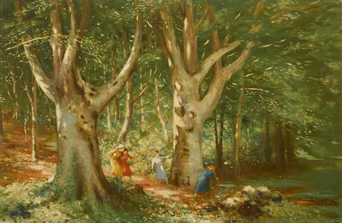 CHILDREN PLAYING IN WOODLAND GLADE by George Russell, oil on canvas, sold May 2019