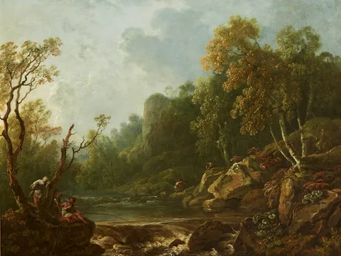 George Barret, ANGLERS IN THE DARGLE VALLEY, COUNTY WICKLOW, oil on canvas