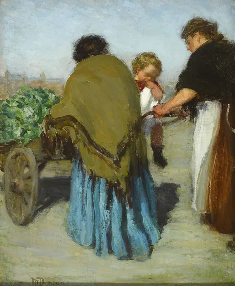 Mary Duncan, WOMEN AND CHILD BY A CART, oil on canvas