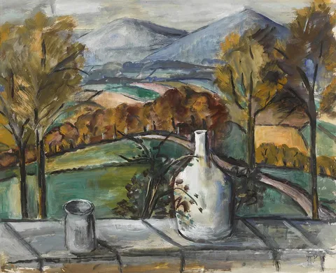Moila Powell, MOUNTAINS FROM NORAH MCGUINNESS'S COTTAGE, oil on board