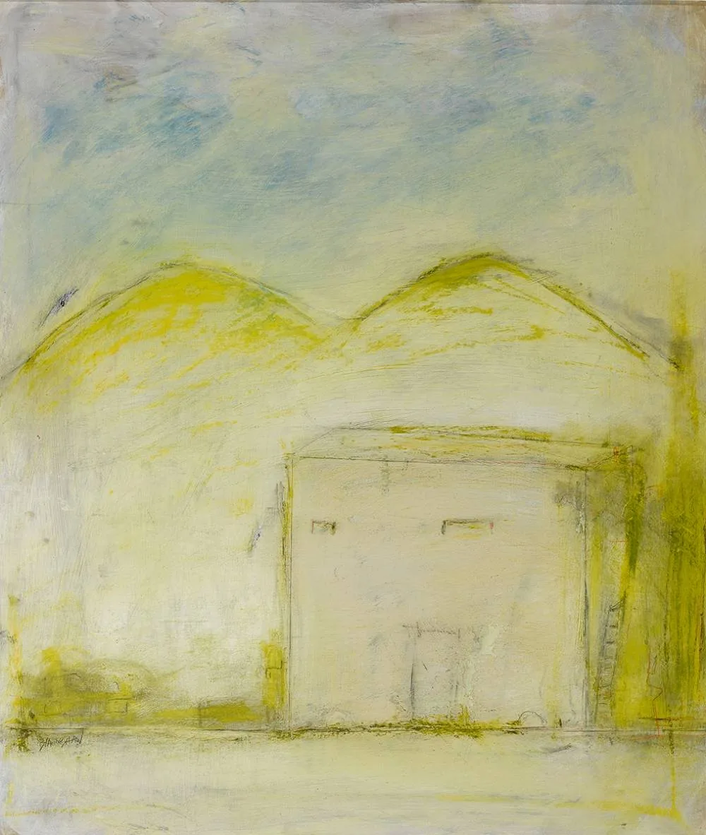 HOUSE WITH MOUNTAINS by Basil Blackshaw, acrylic, pencil and charcoal on panel, sold May 2019