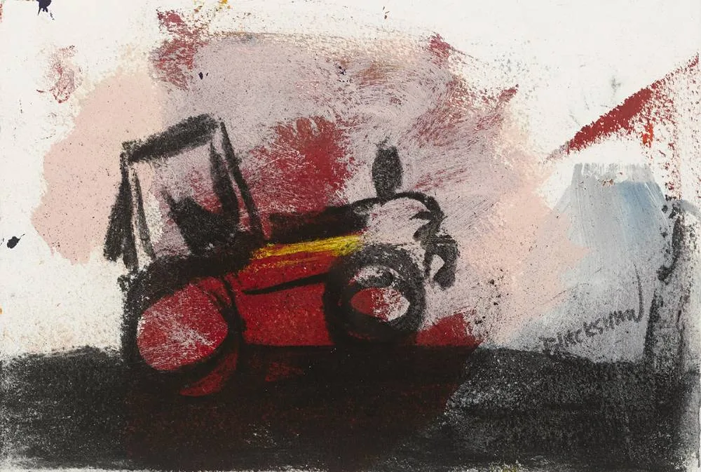 RED TRACTOR by Basil Blackshaw, acrylic and charcoal on paper, sold May 2019