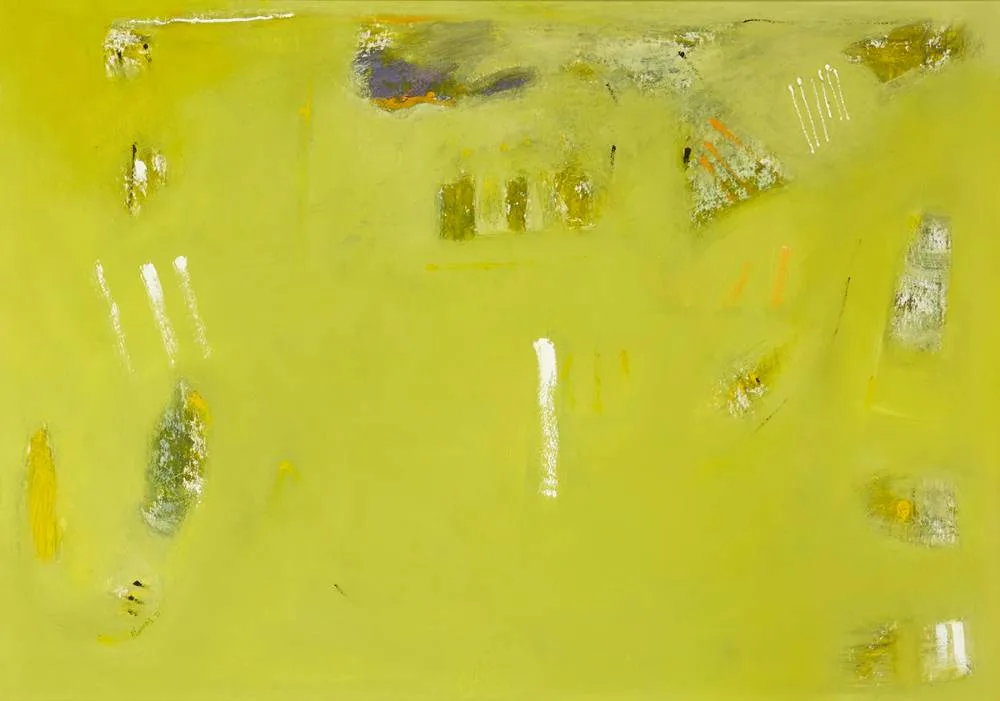 YELLOW LANDSCAPE by Mike Fitzharris, 1998, oil on board, offered May 2019