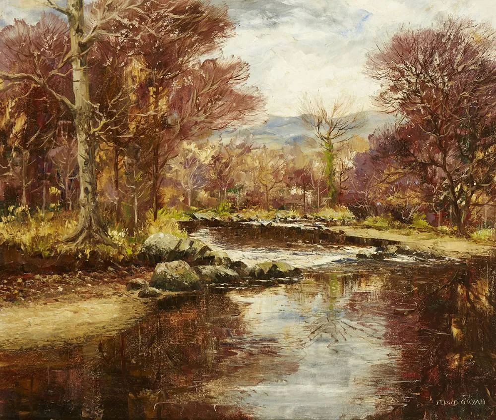 RIVER VALLEY, WINTER by Fergus O'Ryan, oil on board, offered May 2019