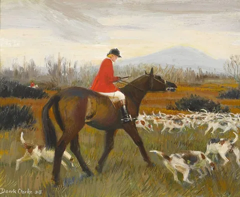 Derek Clarke, SYLVIE MASTERS, MASTER OF THE TIPPERARY FOXHOUNDS, CASTING HOUNDS NEAR SLIABH NA MBAN, 1938, oil on panel