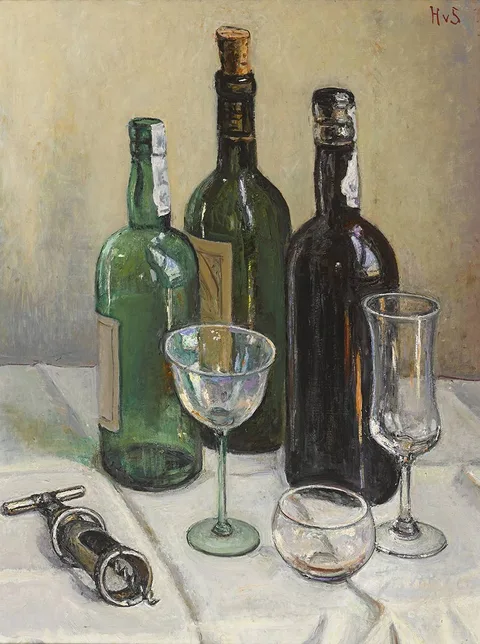 STILL LIFE WITH WINE, GLASSES AND CORKSCREW by Hilda van Stockum, oil on board, offered May 2019