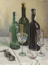 Hilda van Stockum, STILL LIFE WITH WINE, GLASSES AND CORKSCREW