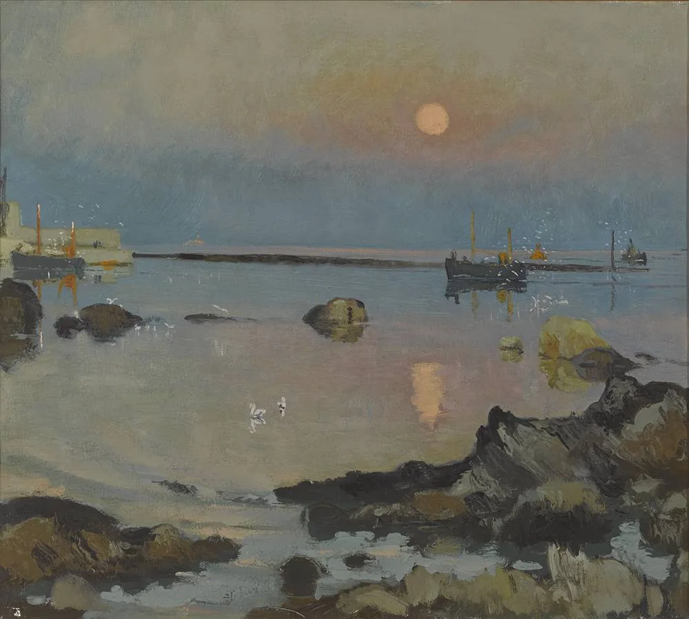 MOON OVER RUSH HARBOUR by Patrick Leonard, oil on canvas, sold Sep 2019