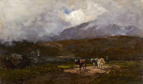 Nathaniel Hone, HERDSMAN AND COWS ON A COUNTRY ROAD, GLENMALURE, COUNTY WICKLOW, c. 1880, oil on canvas