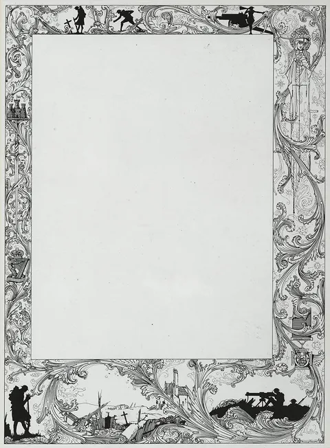 Harry Clarke, ORIGINAL BORDER ILLUSTRATION FOR PAGE ONE OF IRELAND'S MEMORIAL RECORDS 1914 - 1918, PRINT FEATURED IN ALL VOLUMES,1922., ink on paper
