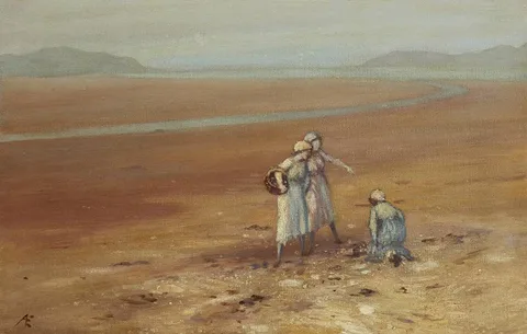 THREE WOMEN ON A SEASHORE by George Russell, oil on canvas, sold Sep 2019
