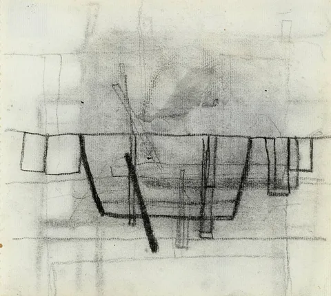 STILL LIFE WITH PAN AND GLASSES by William Scott, c. 1953, charcoal and wash on paper, offered Sep 2019