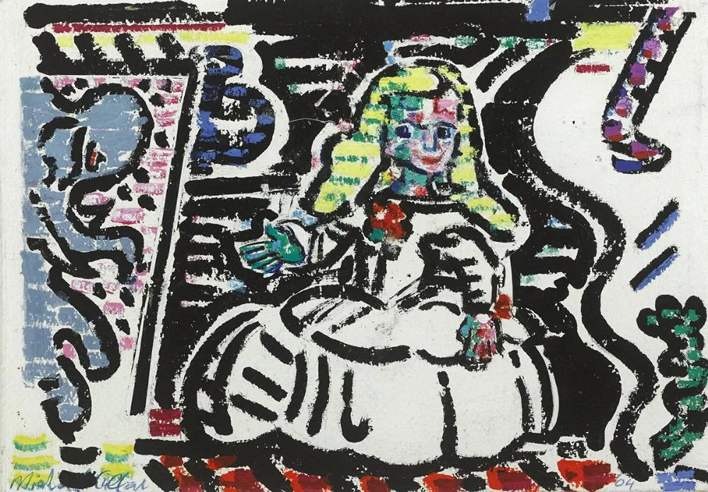 INFANTA AND ELEPHANT by Michael Cullen, 2003, oil on handmade paper, offered Sep 2019