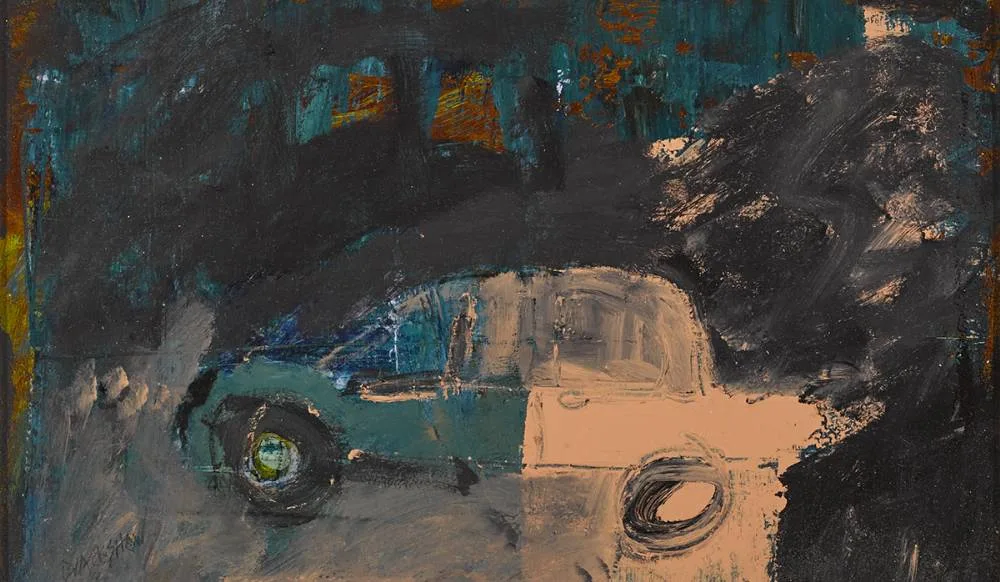BLUE AND PINK TWO-TONED CAR by Basil Blackshaw, acrylic on panel, sold Sep 2019