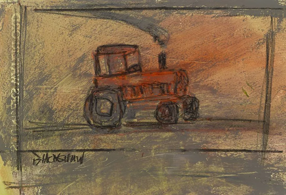 RED TRACTOR IN FIELD by Basil Blackshaw, acrylic, pastel and pencil on paper, sold Sep 2019