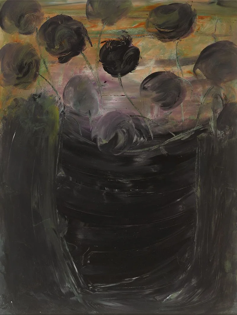 BLACK TULIPS by Basil Blackshaw, acrylic on panel, offered Sep 2019