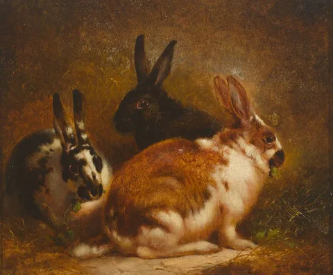 John Frederick Herring Jnr, RABBITS FEEDING, oil on canvas