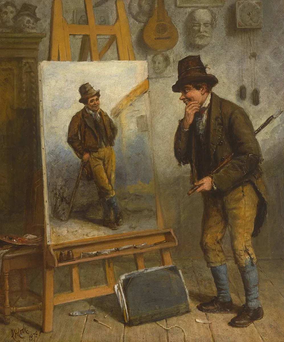OBSERVING THE WORK by Charles Henry Cook, 1879, oil on canvas, sold Sep 2019