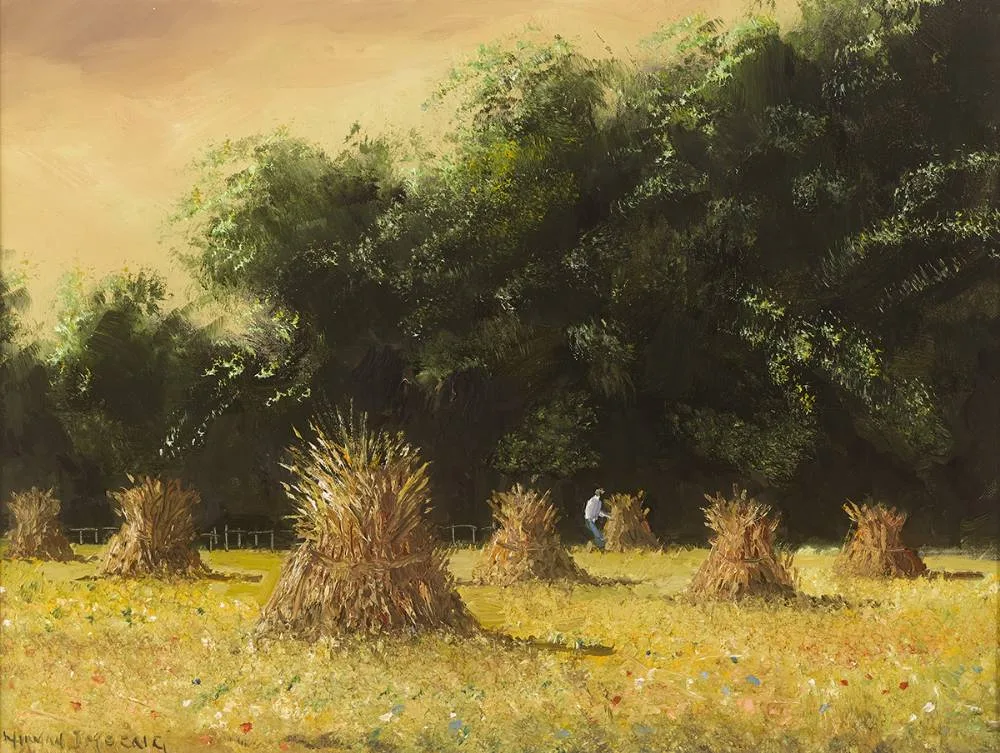 HAYSTACKS by Norman J. McCaig, oil on board, sold Sep 2019