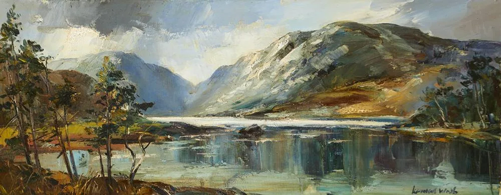 MOUNTAIN AND LAKE SCENE by Kenneth Webb, oil on canvas, sold Sep 2019