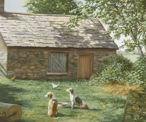 Desmond Snee, COTTAGE WITH HOUNDS, oil on board
