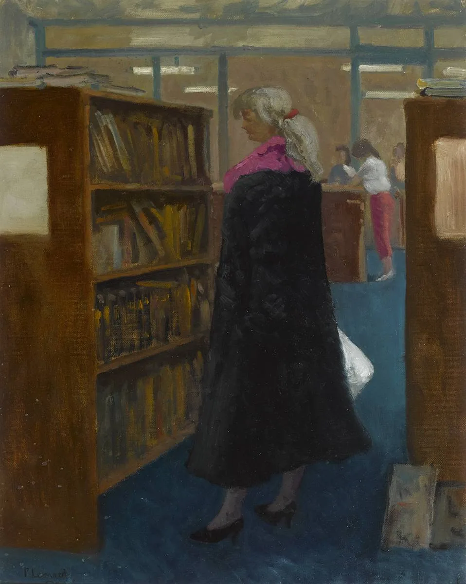 WOMAN IN A LIBRARY by Patrick Leonard, oil on board, sold Sep 2019