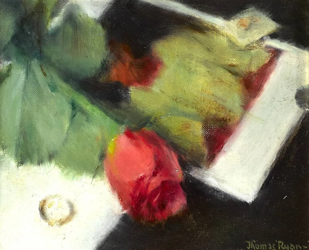 STILL LIFE WITH ROSE by Thomas Ryan, oil on board, sold Sep 2019