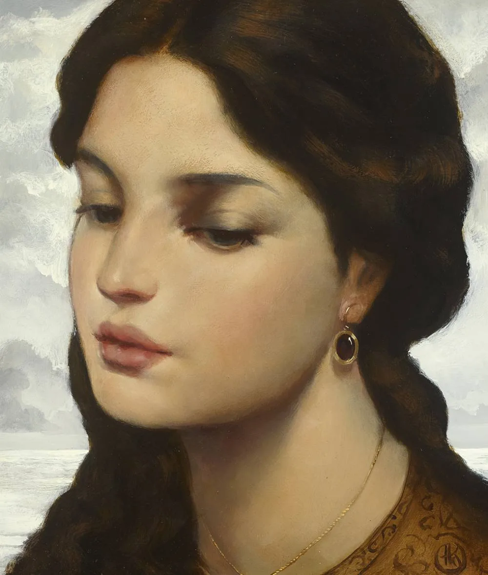 GIRL WITH A RUBY EARRING by Ken Hamilton, oil on board, offered Sep 2019